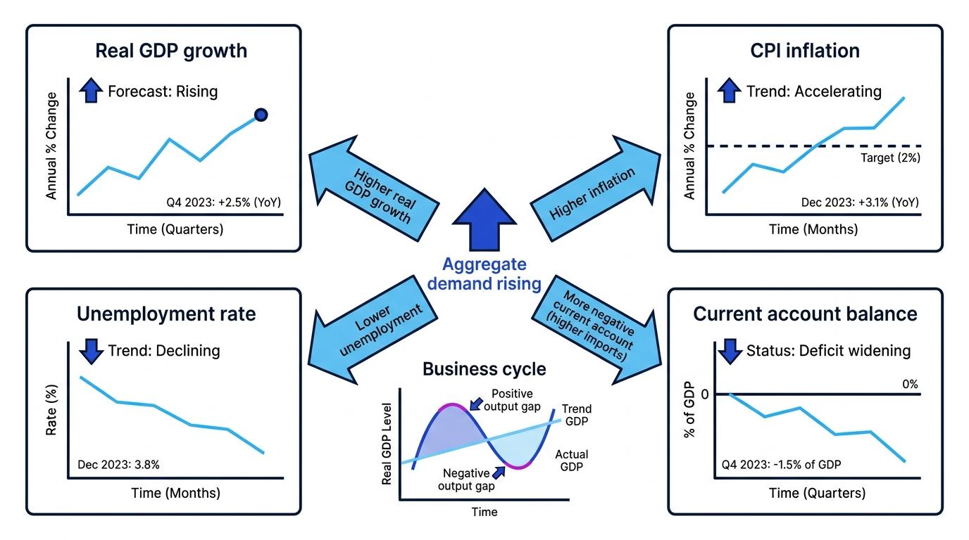 Dashboard showing real GDP growth, CPI inflation, unemployment rate, and current account balance linked to rising aggregate demand, plus a business cycle chart with positive and negative output gaps labelled