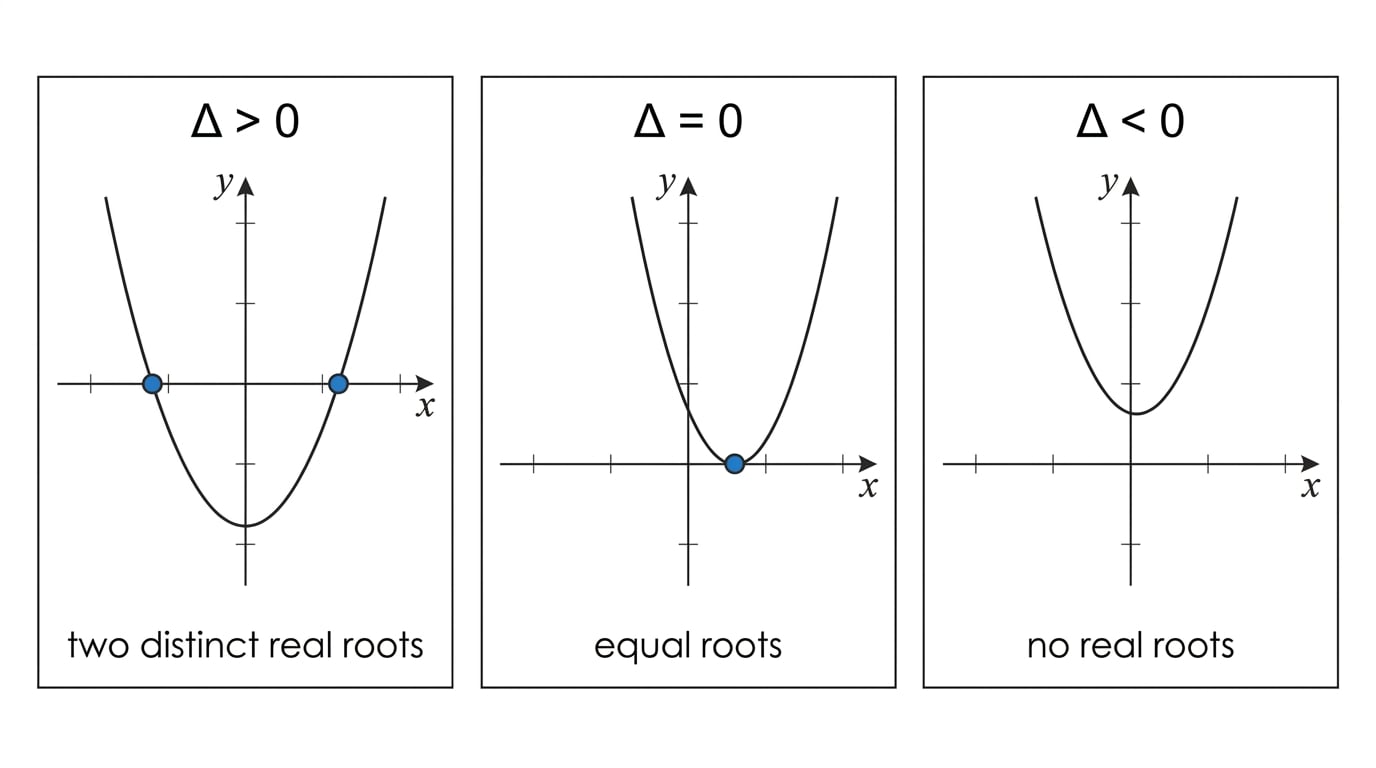 Three side-by-side parabolas showing two roots, one repeated root, and no real roots