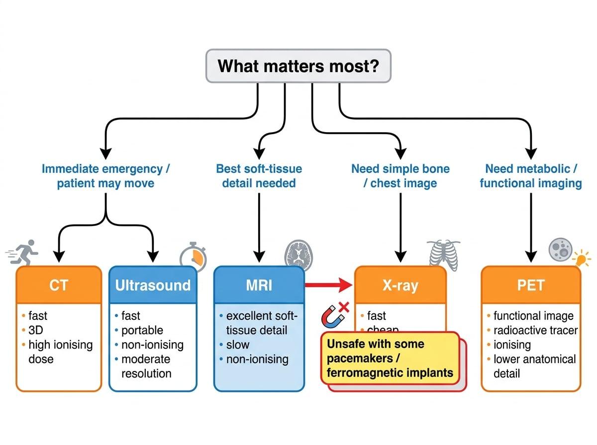 Flowchart showing how emergency speed, soft-tissue detail, bone imaging, implant safety, and functional imaging lead to CT, MRI, X-ray, ultrasound, or PET choices
