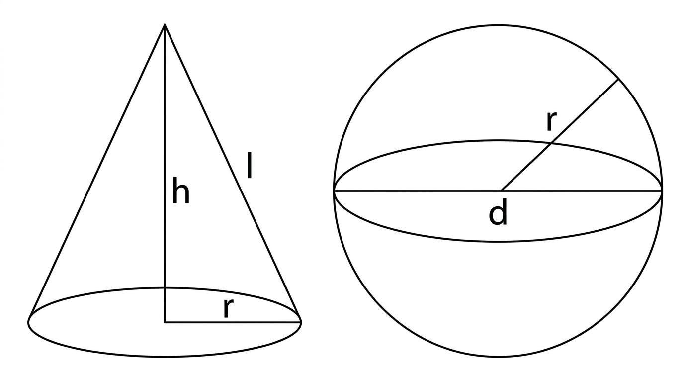 Cone and sphere with radius, diameter, vertical height and slant height labelled