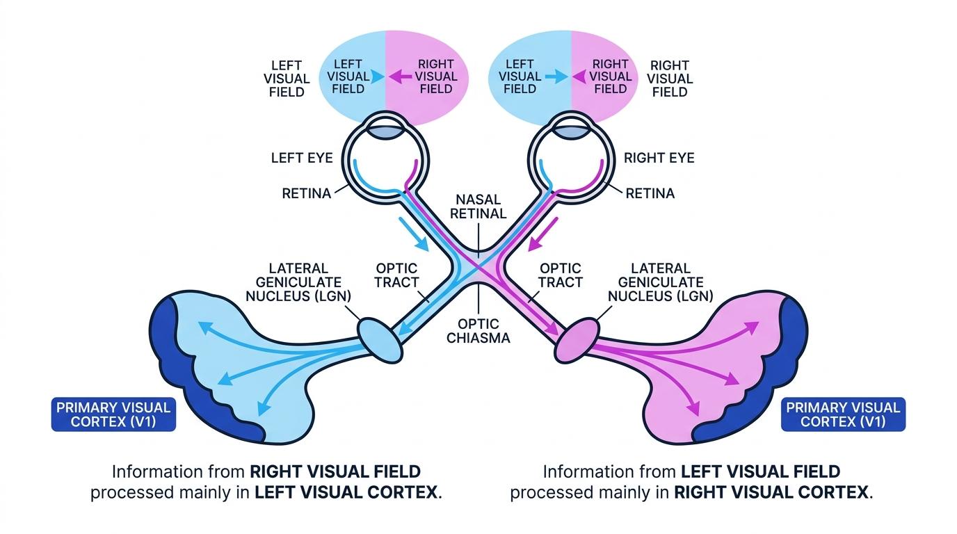 Visual pathway showing both eyes, partial crossing at the optic chiasma, and left visual field information reaching the right primary visual cortex