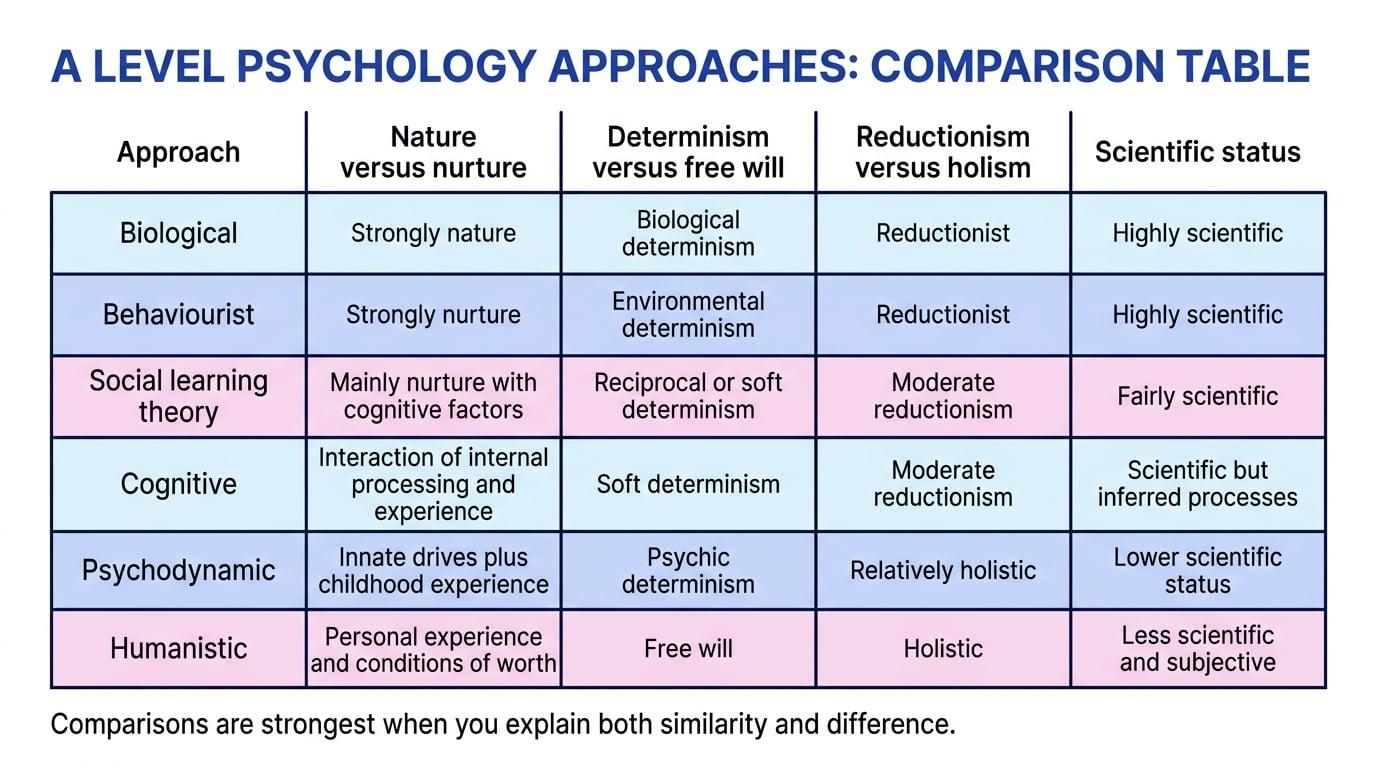 Comparison table showing six psychology approaches across nature versus nurture, determinism versus free will, reductionism versus holism, and scientific status