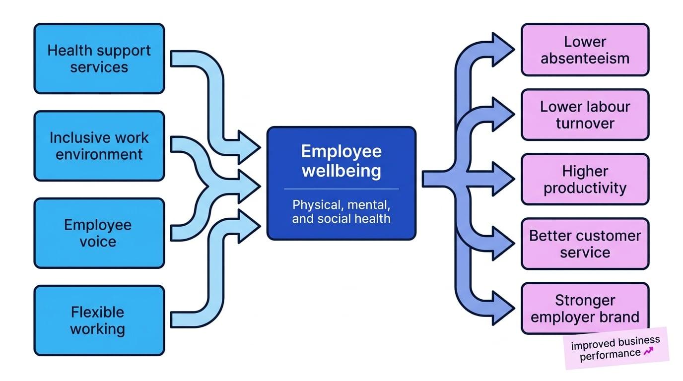 Flowchart showing health support services, inclusive work environment, employee voice, and flexible working feeding into employee wellbeing, then into lower absenteeism, lower labour turnover, higher productivity, better customer service, and stronger employer brand