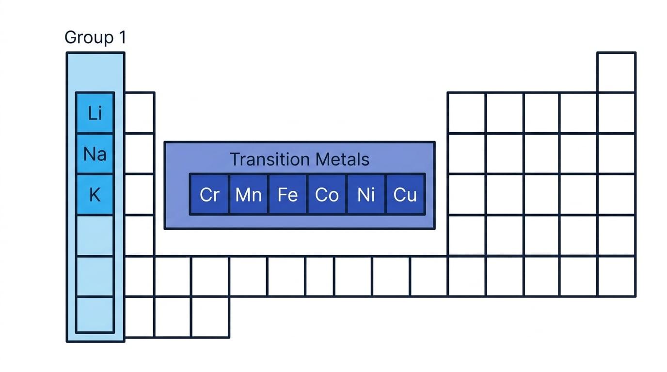 Simplified periodic table showing Group 1 in the first column and the transition metal examples Cr, Mn, Fe, Co, Ni and Cu in the central block