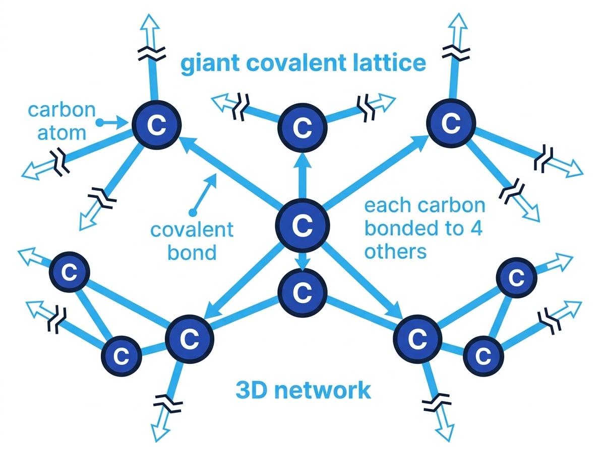 Labelled diamond lattice showing a central carbon atom bonded to four others in a giant covalent three-dimensional network