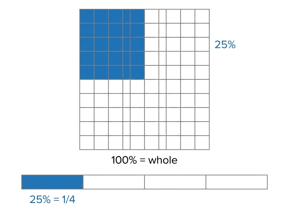 A 10 by 10 hundred-square grid with 25 squares shaded, labelled 25% and 100% whole, plus a quarter bar model below