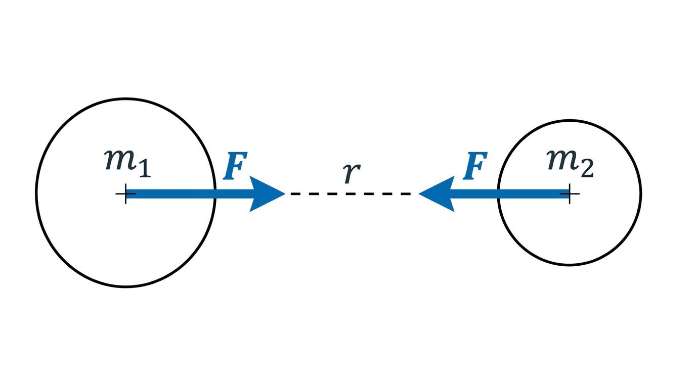 Two spherical masses with centres marked, centre to centre distance r, and equal gravitational force arrows pointing toward each other