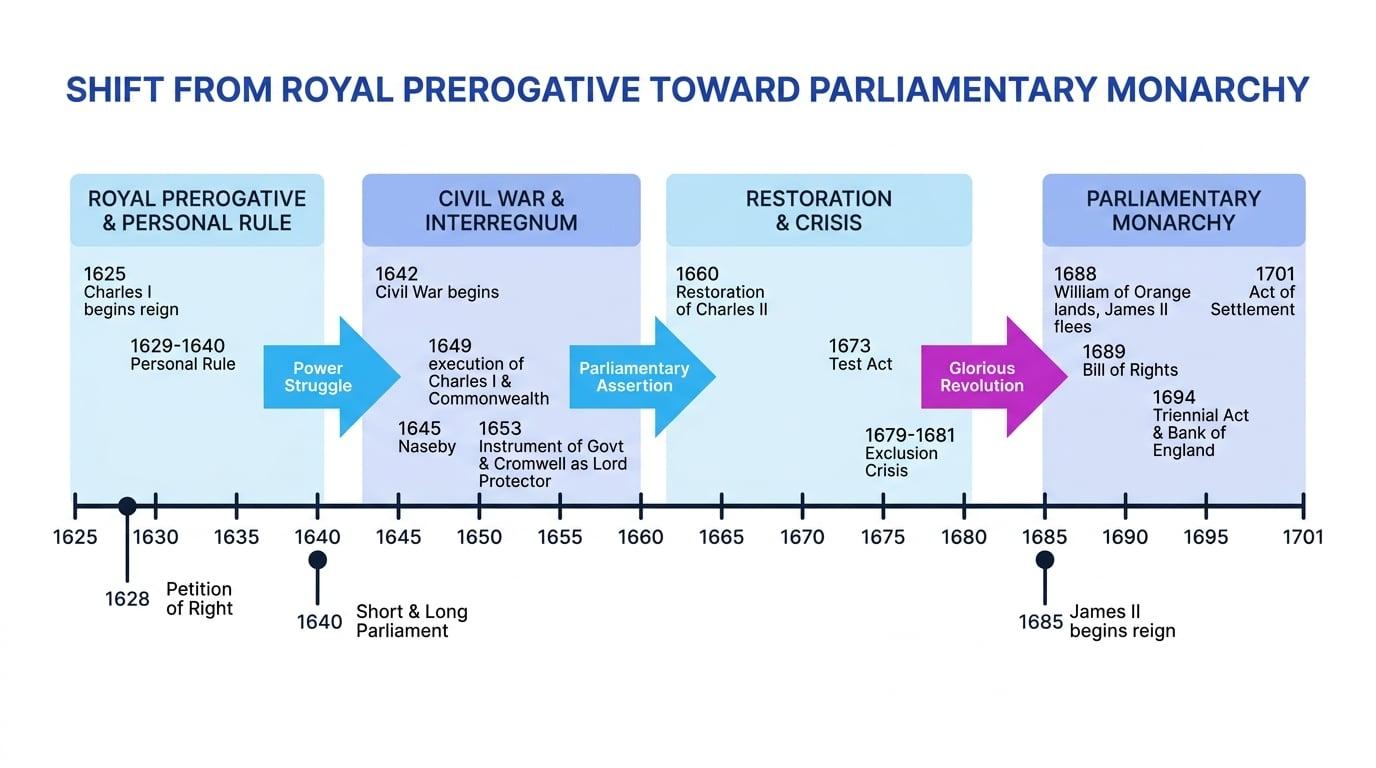 Timeline showing the shift from royal prerogative toward parliamentary monarchy, with key events from Charles I's accession in 1625 to the Act of Settlement in 1701