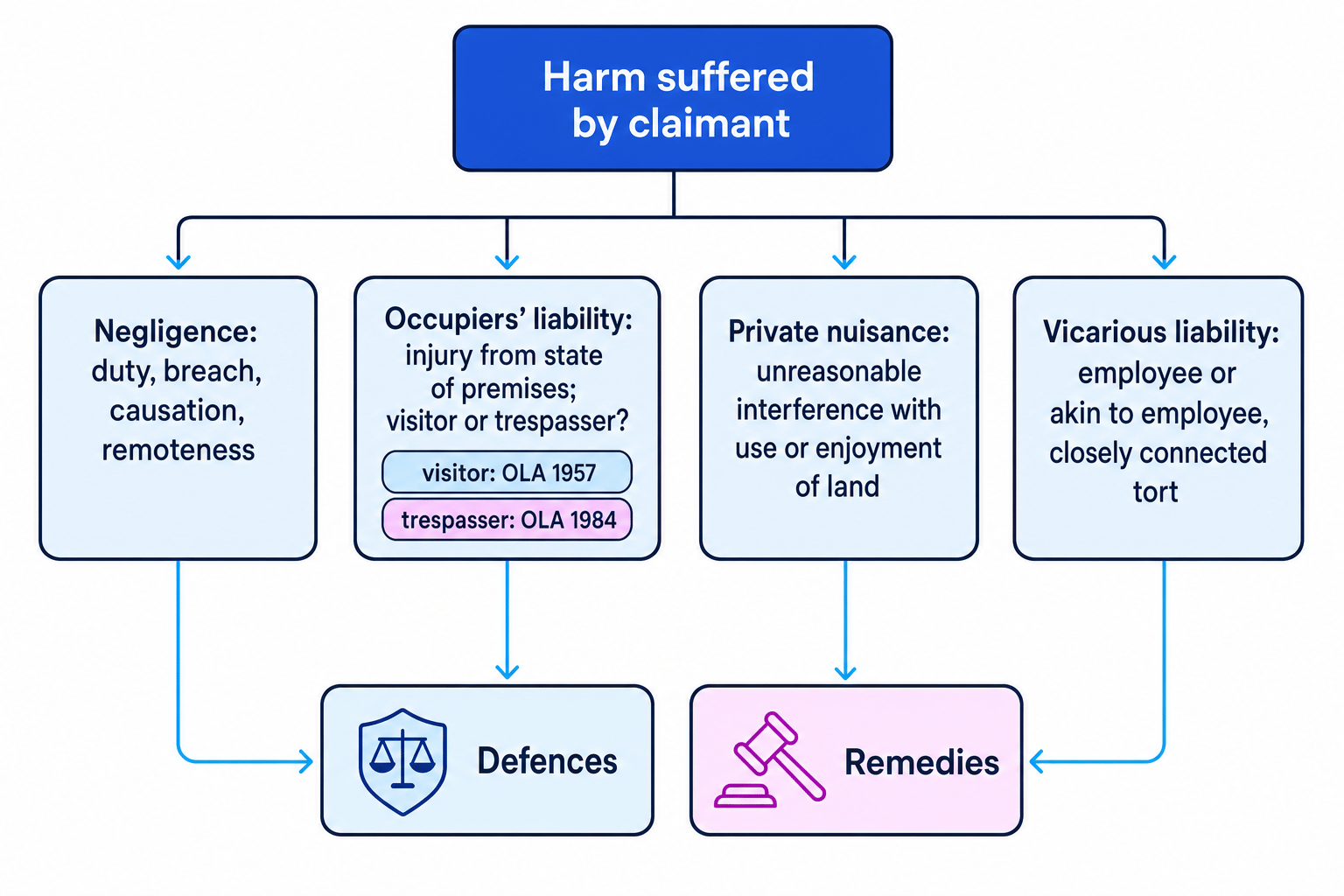 Flowchart showing how a tort problem can lead to negligence, occupiers' liability, private nuisance, or vicarious liability, with defences and remedies at the end