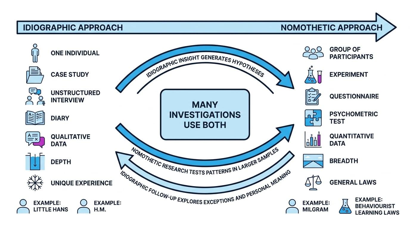 Continuum comparing idiographic and nomothetic approaches with methods, data types, examples, and arrows showing how both can be combined in research