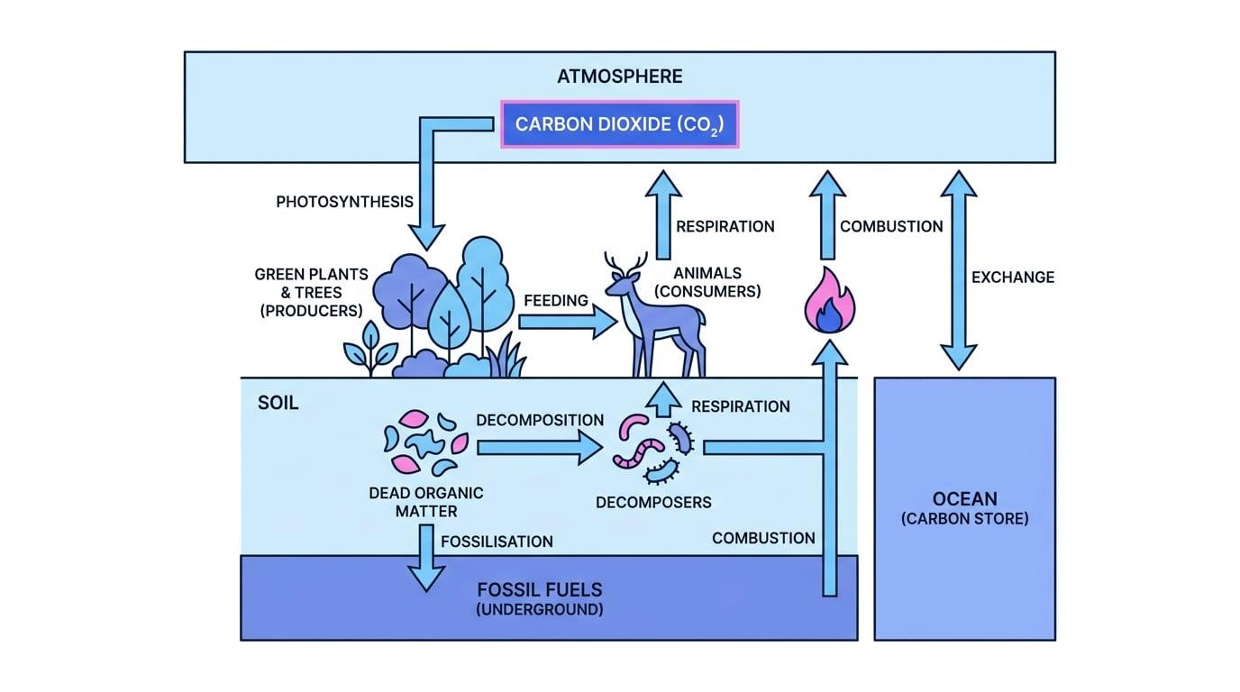 Carbon cycle showing atmosphere, plants, animals, decomposers, fossil fuels and ocean with labelled carbon transfers