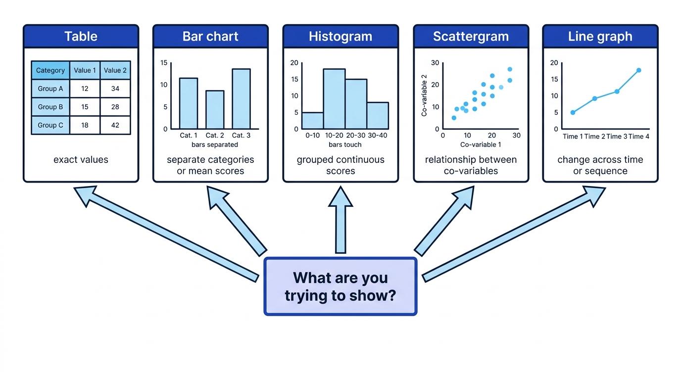 Decision guide showing when to use a table, bar chart, histogram, scattergram, or line graph for quantitative data in psychology