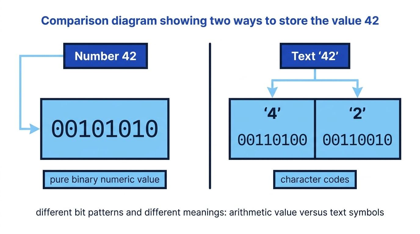 Comparison of storing the number 42 as one 8-bit pure binary value and the text characters '4' and '2' as two character codes