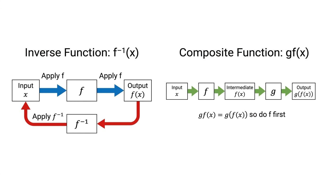 Function machine with an input x going through f to output f(x), an inverse arrow taking the output back to x, and a composite chain x through f then g to give g(f(x)).