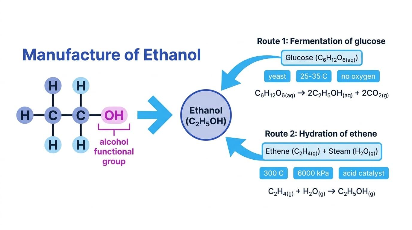 Displayed formula of ethanol with the -OH functional group highlighted and arrows showing fermentation of glucose and hydration of ethene as two routes to ethanol
