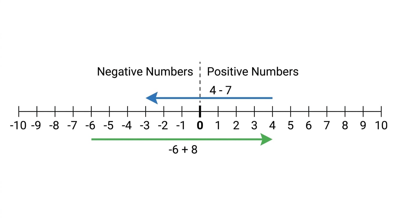 Number line from negative 10 to 10 with arrows showing 4 minus 7 ending at negative 3 and negative 6 plus 8 ending at 2