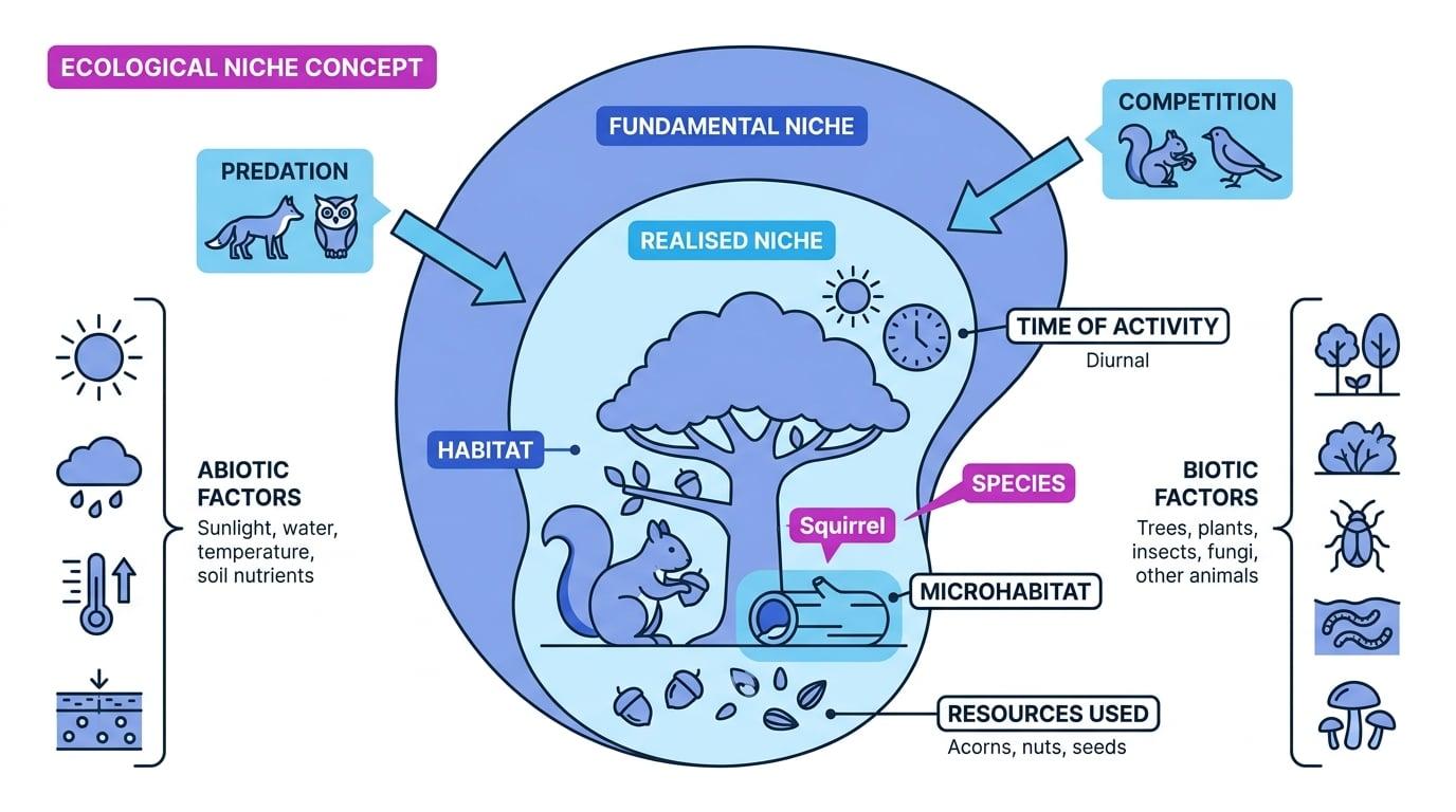 Ecological niche diagram showing a squirrel in woodland, with abiotic and biotic factors and a smaller realised niche inside a larger fundamental niche