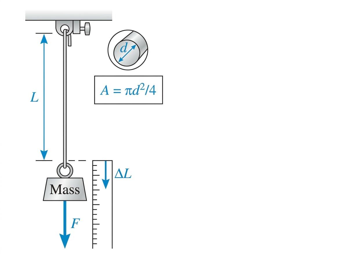 Vertical Young modulus experiment showing a clamped wire with labelled length L, diameter d, extension delta L, area inset, and a hanging mass causing tensile force F
