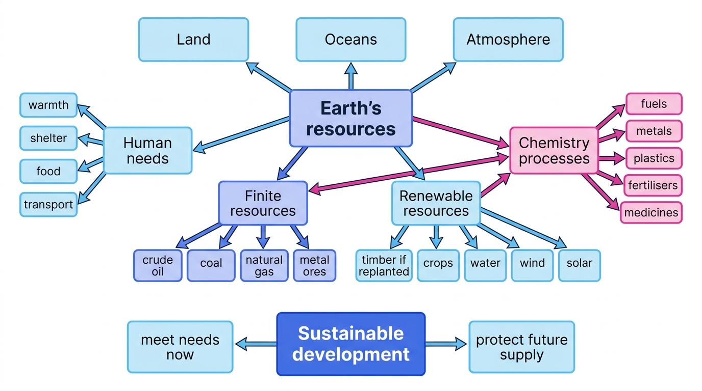 Concept map linking Earth's resources to land, oceans and atmosphere, then to finite and renewable resources, human needs and sustainable development