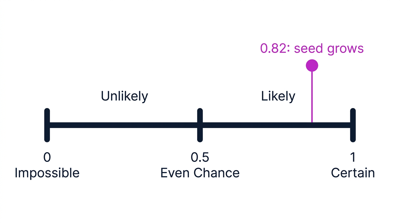 Probability scale from 0 impossible to 1 certain with even chance at 0.5 and a point marked 0.82 for seed grows
