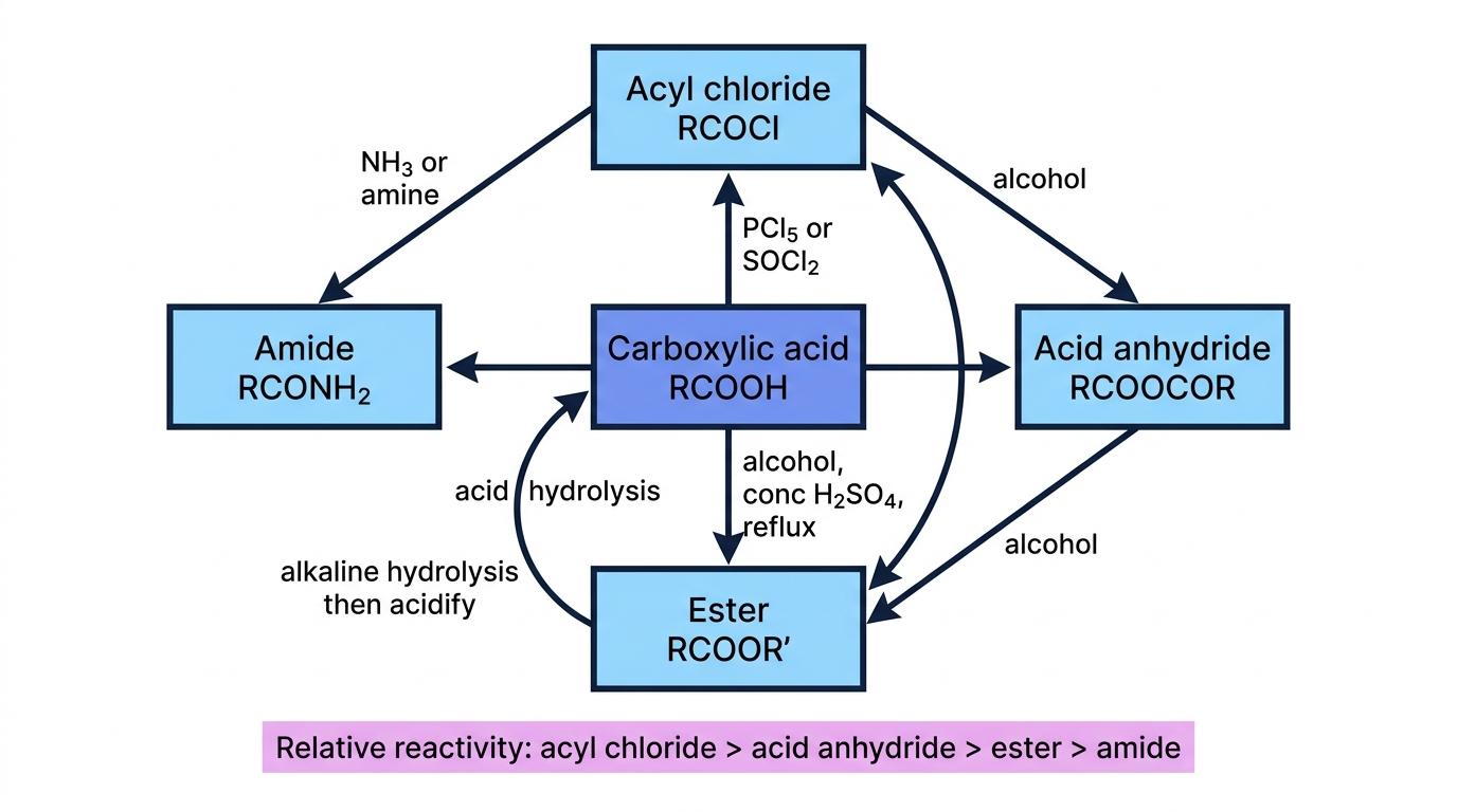 Reaction map showing carboxylic acid RCOOH linked to acyl chloride, acid anhydride, ester and amide, with key reagents and relative reactivity