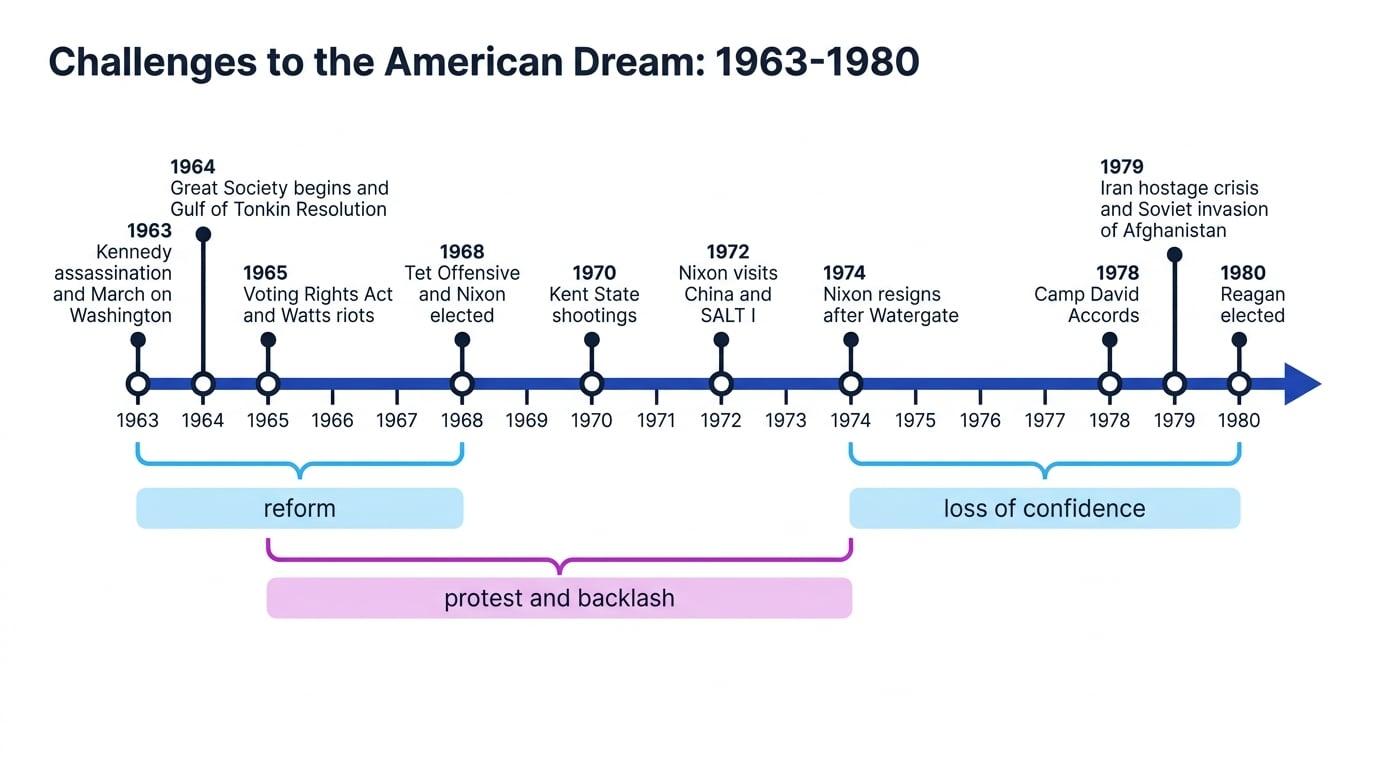 Timeline of major turning points from 1963 to 1980, including Great Society reform, Vietnam, Watergate, Camp David and Reagan's election