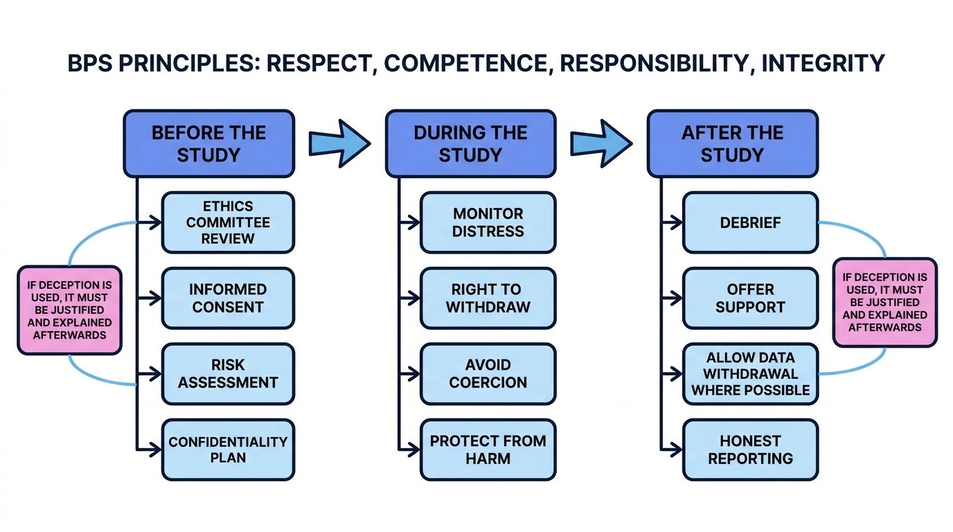 Flowchart showing BPS principles guiding before, during, and after a psychology study with consent, harm, withdrawal, debrief, and reporting labelled