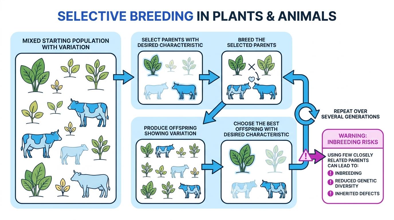 Flowchart of selective breeding from a varied starting population through parent selection, breeding, offspring selection, repeated generations, and a warning about inbreeding risks