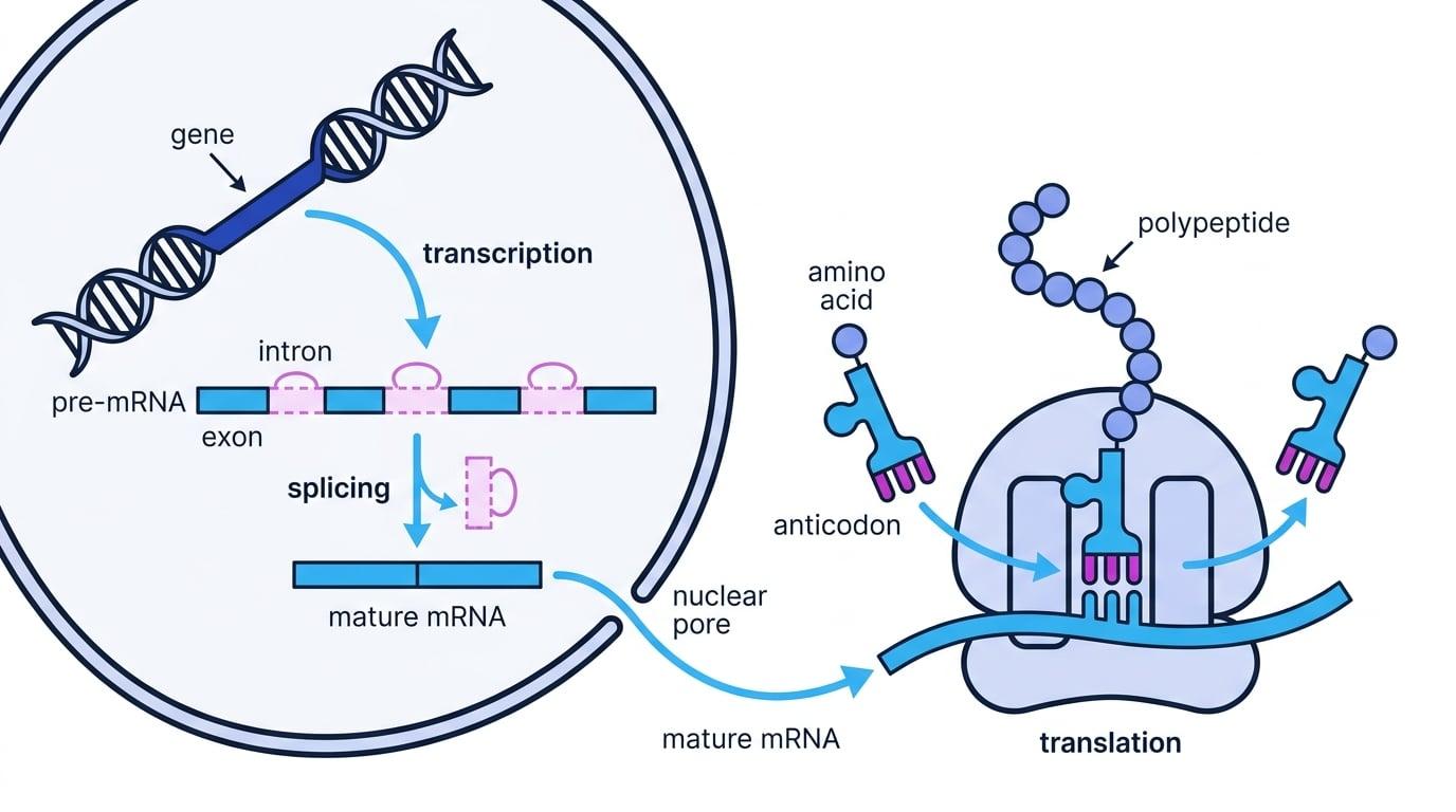 Overview of gene expression showing a gene on DNA in the nucleus, transcription to pre-mRNA, splicing to mature mRNA, export through a nuclear pore, and translation at a ribosome with tRNA adding amino acids to a growing polypeptide