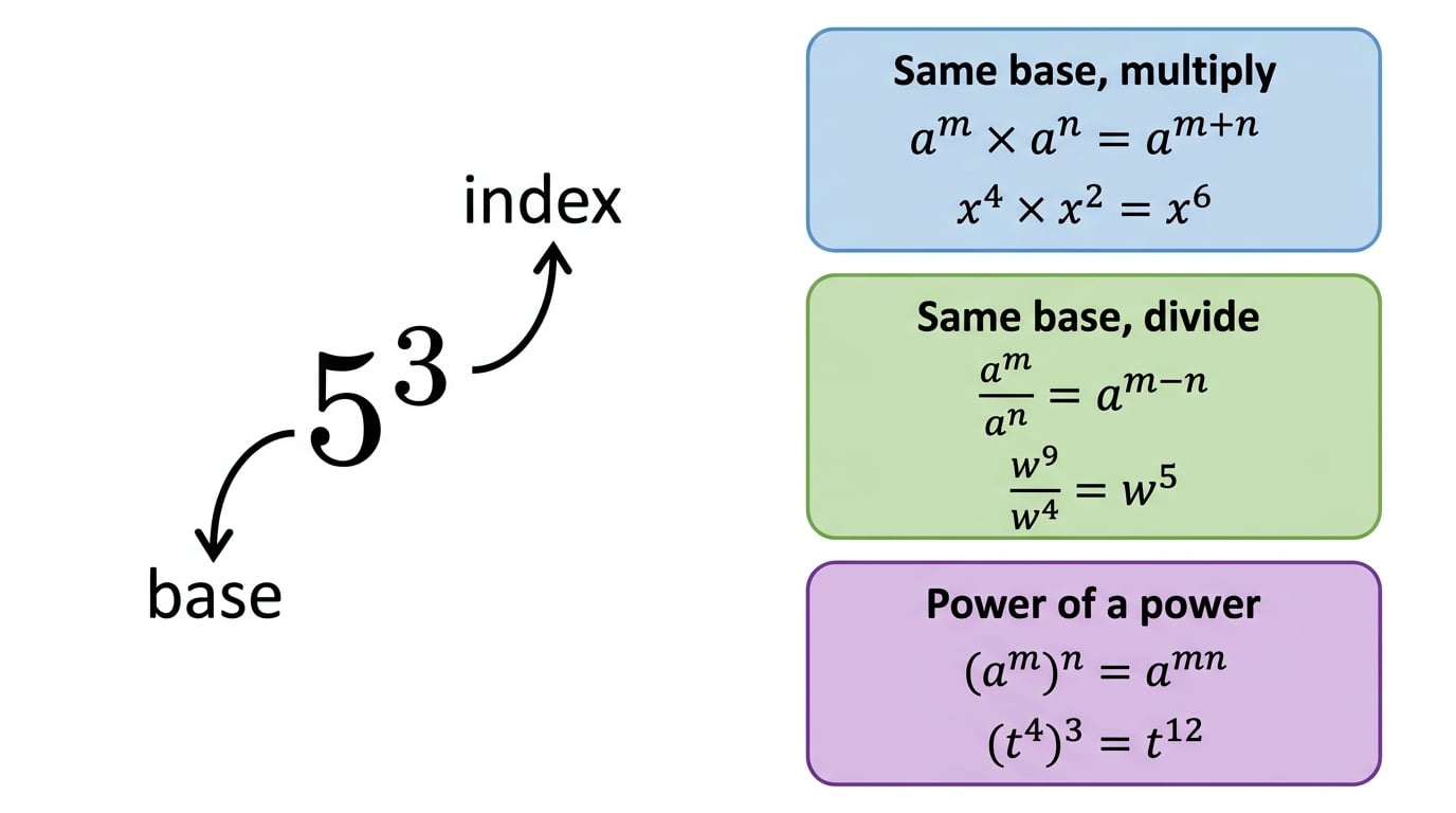 Annotated summary showing 5 cubed with base and index labelled and boxes for the multiply, divide and power of a power index laws