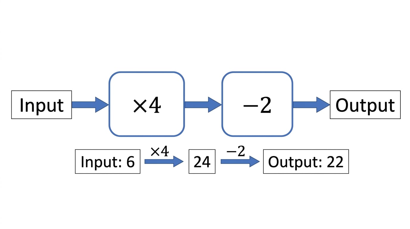 Function machine with input 6 passing through a multiply by 4 box and a subtract 2 box to give output 22, with 24 shown as the intermediate value