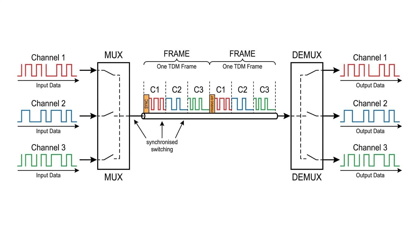 Schematic of time-division multiplexing with three input channels entering a MUX, repeating C1 C2 C3 time slots on one high-speed line, and a DEMUX separating the stream back into three outputs