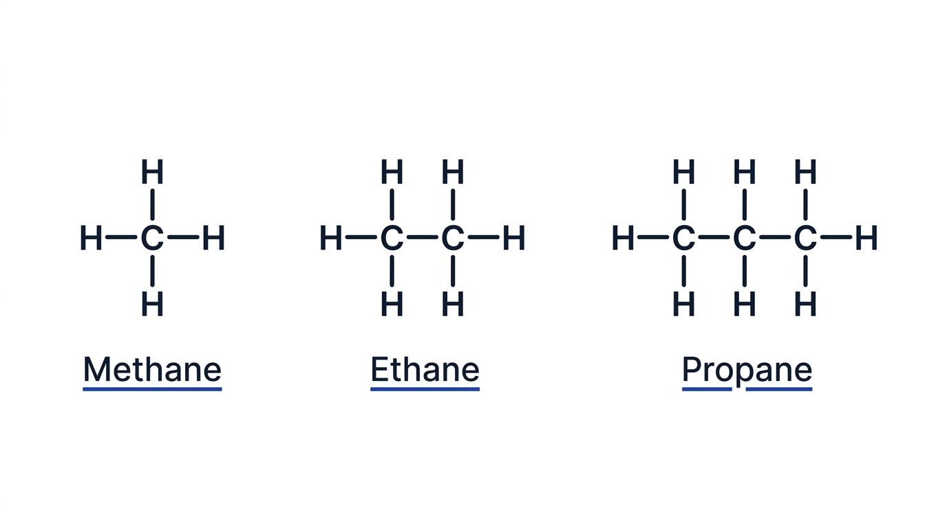 Displayed structural formulae of the first three alkanes: methane, ethane, and propane