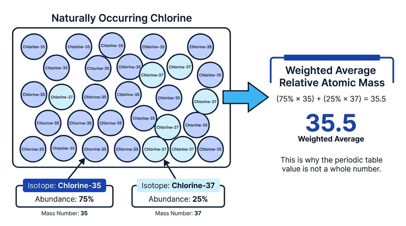 Mixture of naturally occurring chlorine atoms showing many chlorine-35 atoms, fewer chlorine-37 atoms, and a weighted average relative atomic mass of 35.5