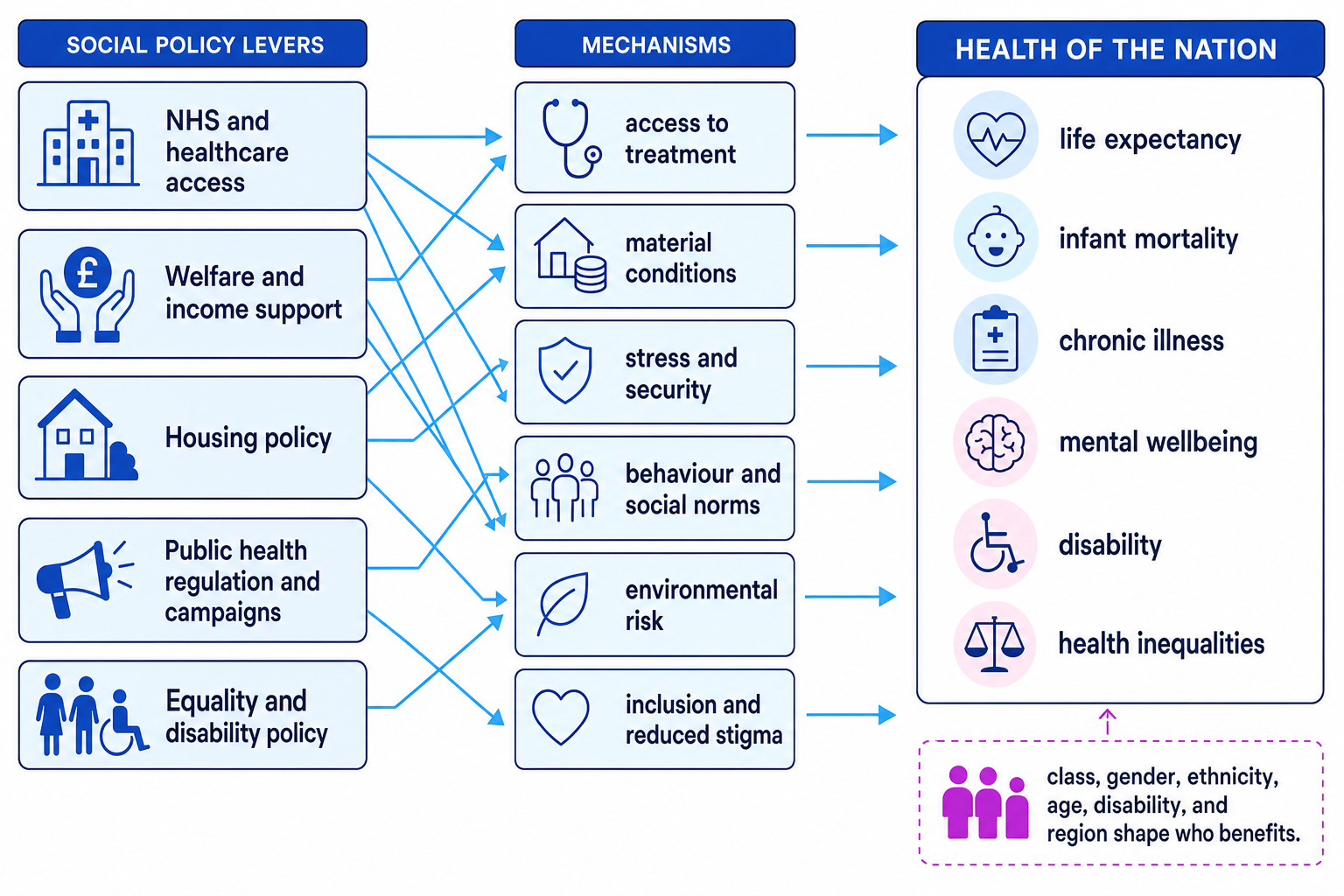Flowchart linking NHS, welfare, housing, campaigns and equality policy to mechanisms such as treatment access, material conditions, social norms and health outcomes