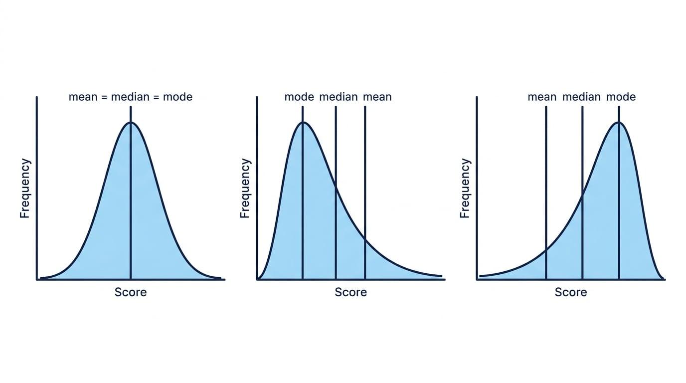 Three frequency distribution graphs comparing a normal distribution, a positively skewed distribution, and a negatively skewed distribution with mean, median, and mode labelled