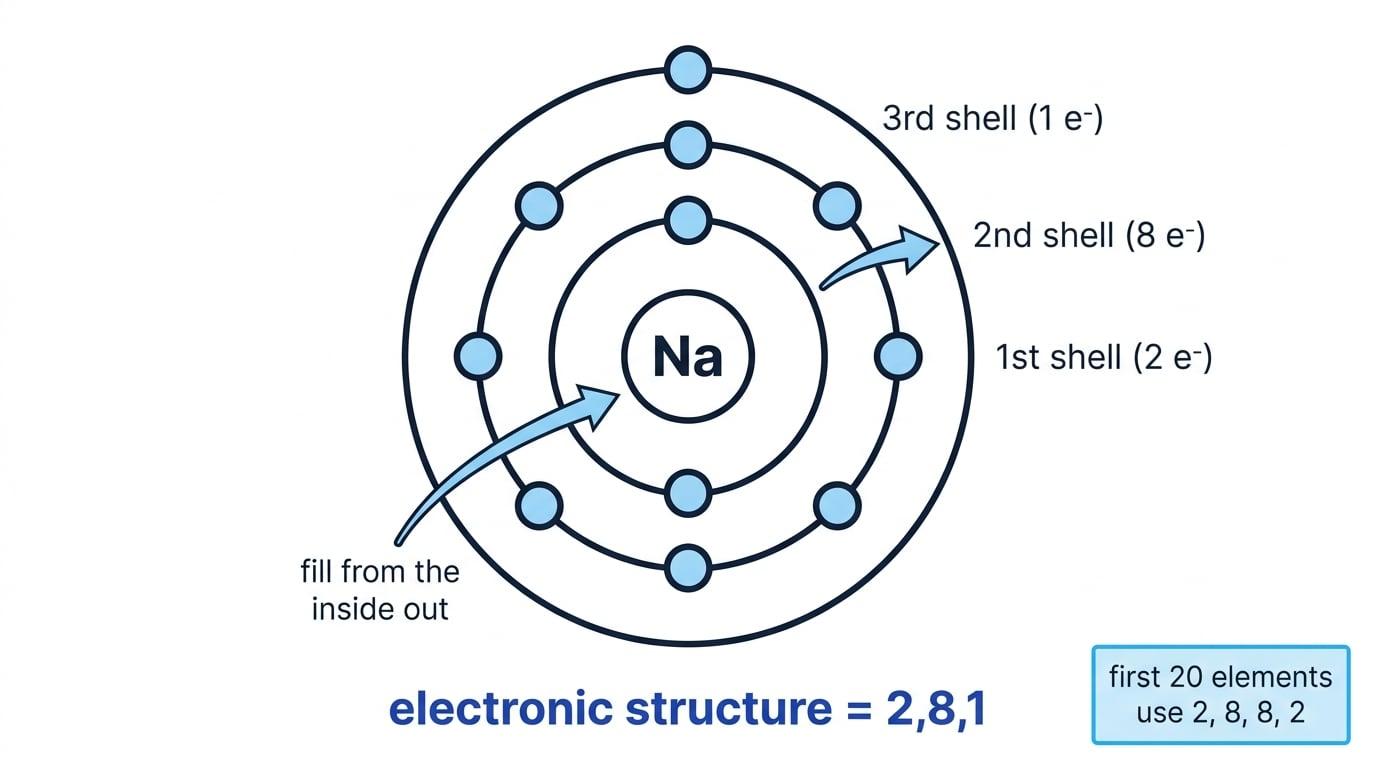 Shell diagram of sodium showing 2 electrons in the first shell, 8 in the second shell, 1 in the third shell, and filling from the inside out