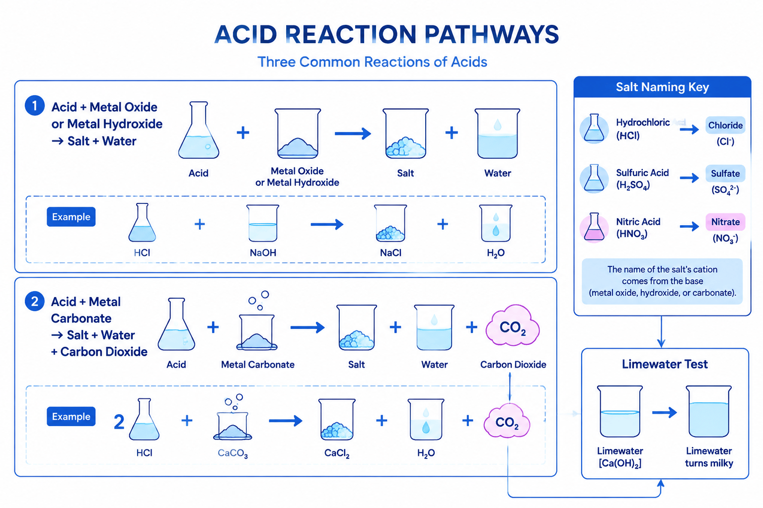 Flowchart showing acid reactions with metal oxides, hydroxides and carbonates, plus salt naming rules
