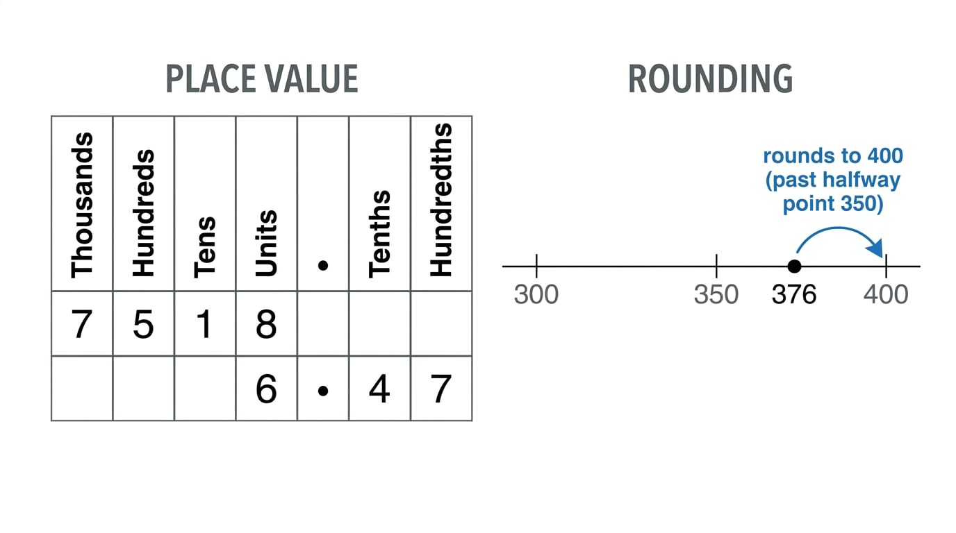 Place value chart for 7518 and 6.47 beside a number line from 300 to 400 showing 376 past the halfway point 350 and rounding to 400