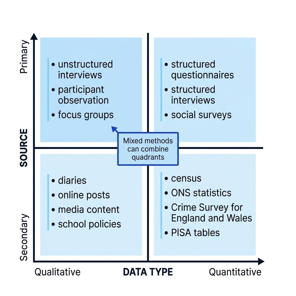 Quadrant of sociology methods showing primary and secondary examples of qualitative and quantitative data