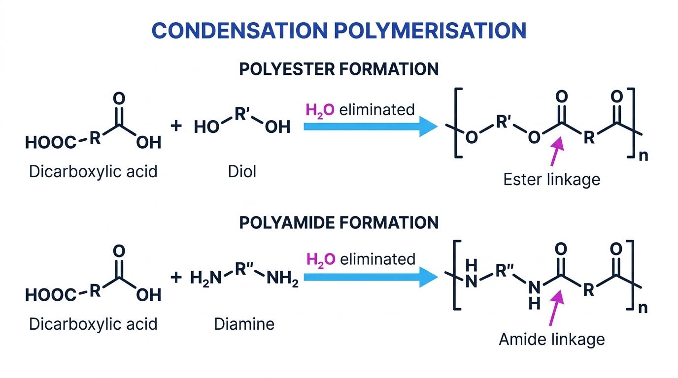 Comparison schematic showing generic condensation polymerisation: dicarboxylic acid plus diol forming a polyester and dicarboxylic acid plus diamine forming a polyamide, with water eliminated and ester or amide linkages labelled