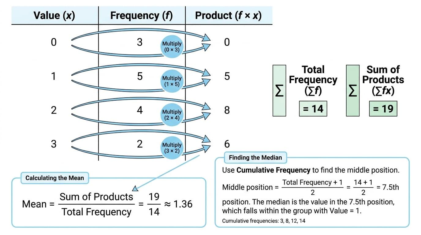 Frequency table with value, frequency and product columns, arrows showing multiplication, total frequency 14, sum of products 19, and notes for mean and median