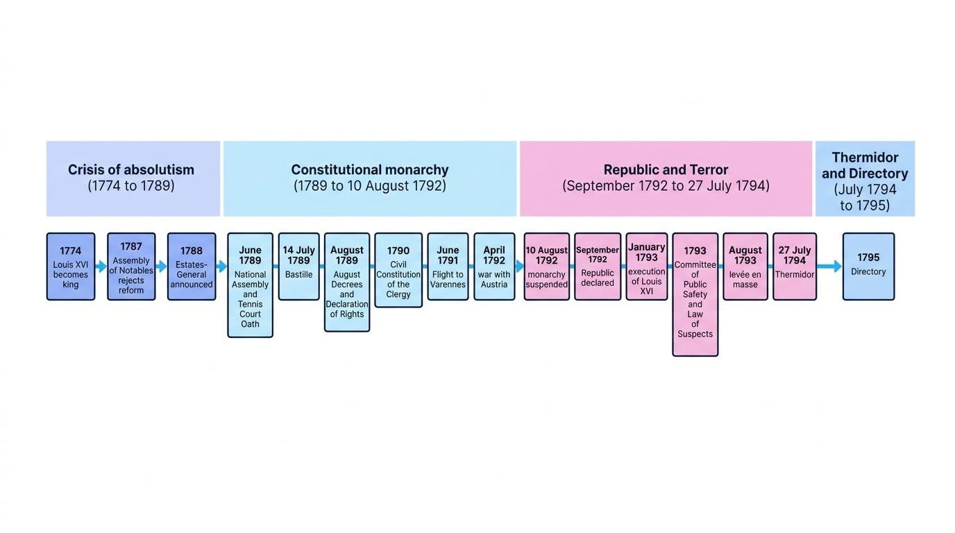 Timeline of major turning points from Louis XVI becoming king in 1774 to the Directory in 1795