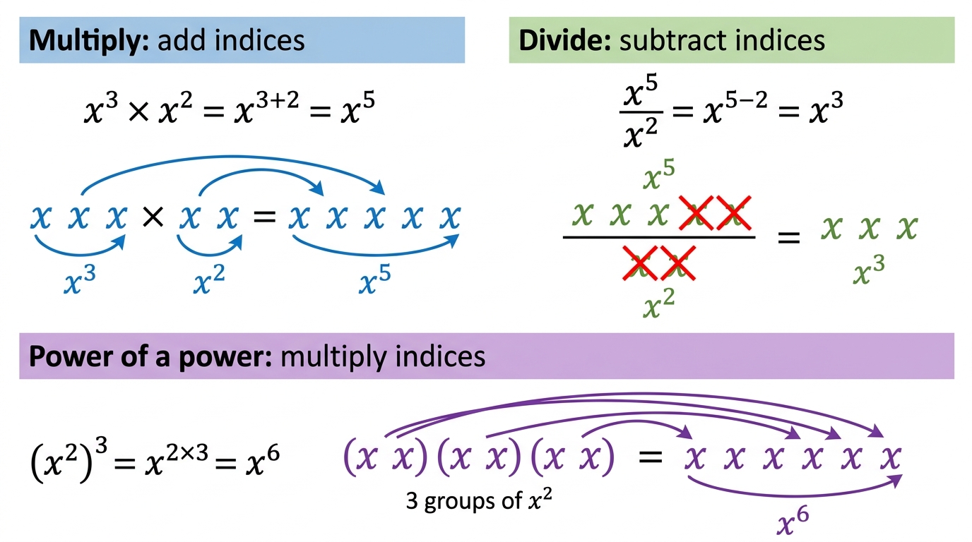 Three-panel diagram showing x^3 times x^2 gives x^5, x^5 divided by x^2 leaves x^3 by cancellation, and (x^2)^3 expands to x^6