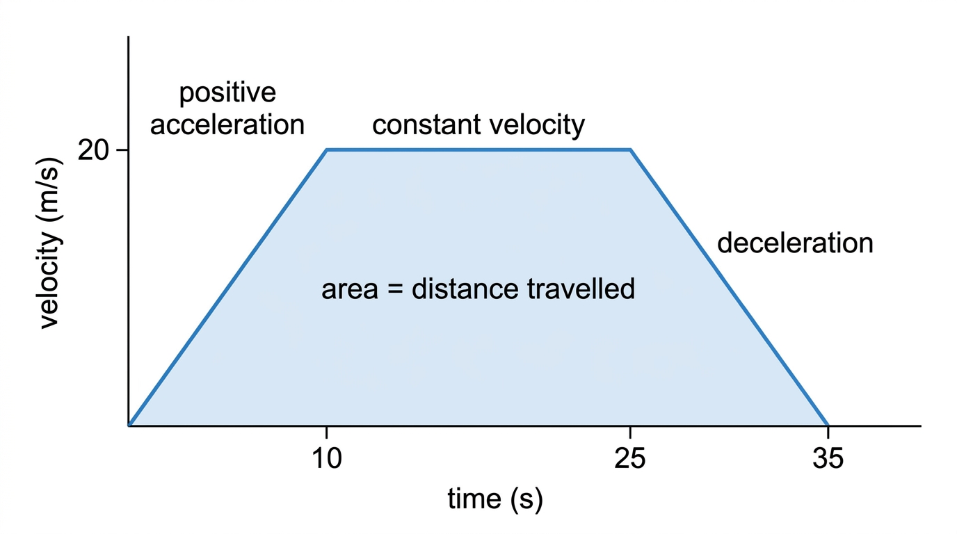 Velocity-time graph with a rising section for positive acceleration, a horizontal section for constant velocity, a falling section for deceleration, and shaded area labelled as distance travelled