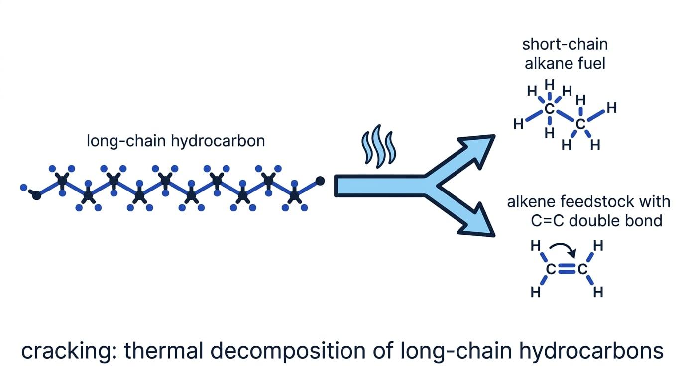 Flow diagram showing a long-chain hydrocarbon cracking into a short-chain alkane fuel and an alkene with a C=C double bond
