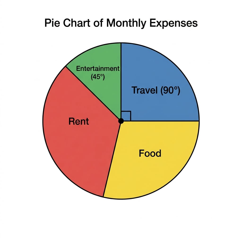 Pie chart of spending with Rent largest and Travel marked as a right angle sector