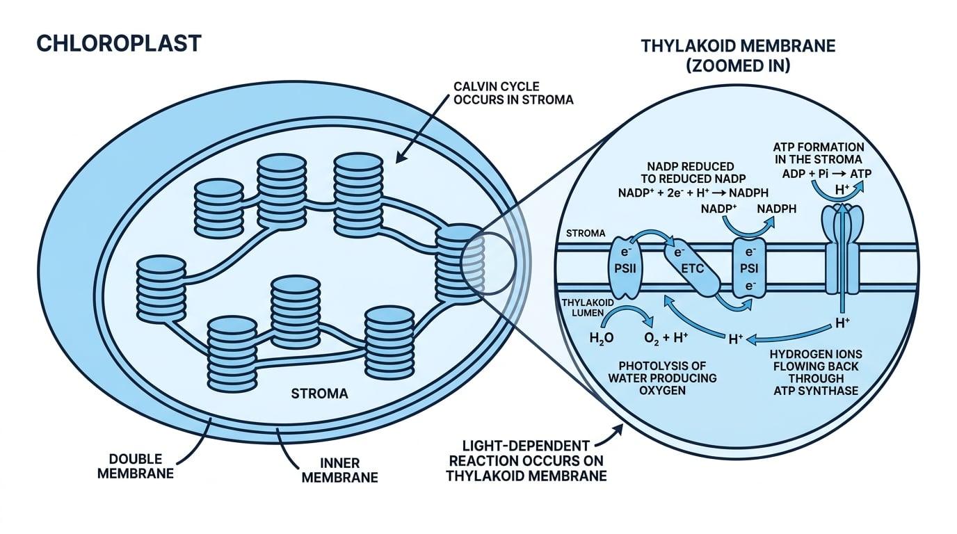 Chloroplast showing grana, thylakoid membrane, stroma, and the locations of the light-dependent reaction and Calvin cycle
