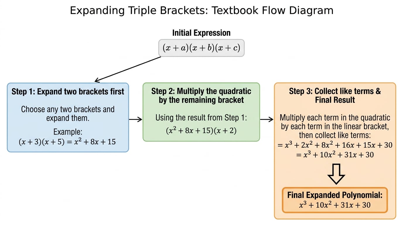 Flow diagram showing three brackets turning into a quadratic after expanding two brackets, then into a cubic after multiplying by the remaining bracket