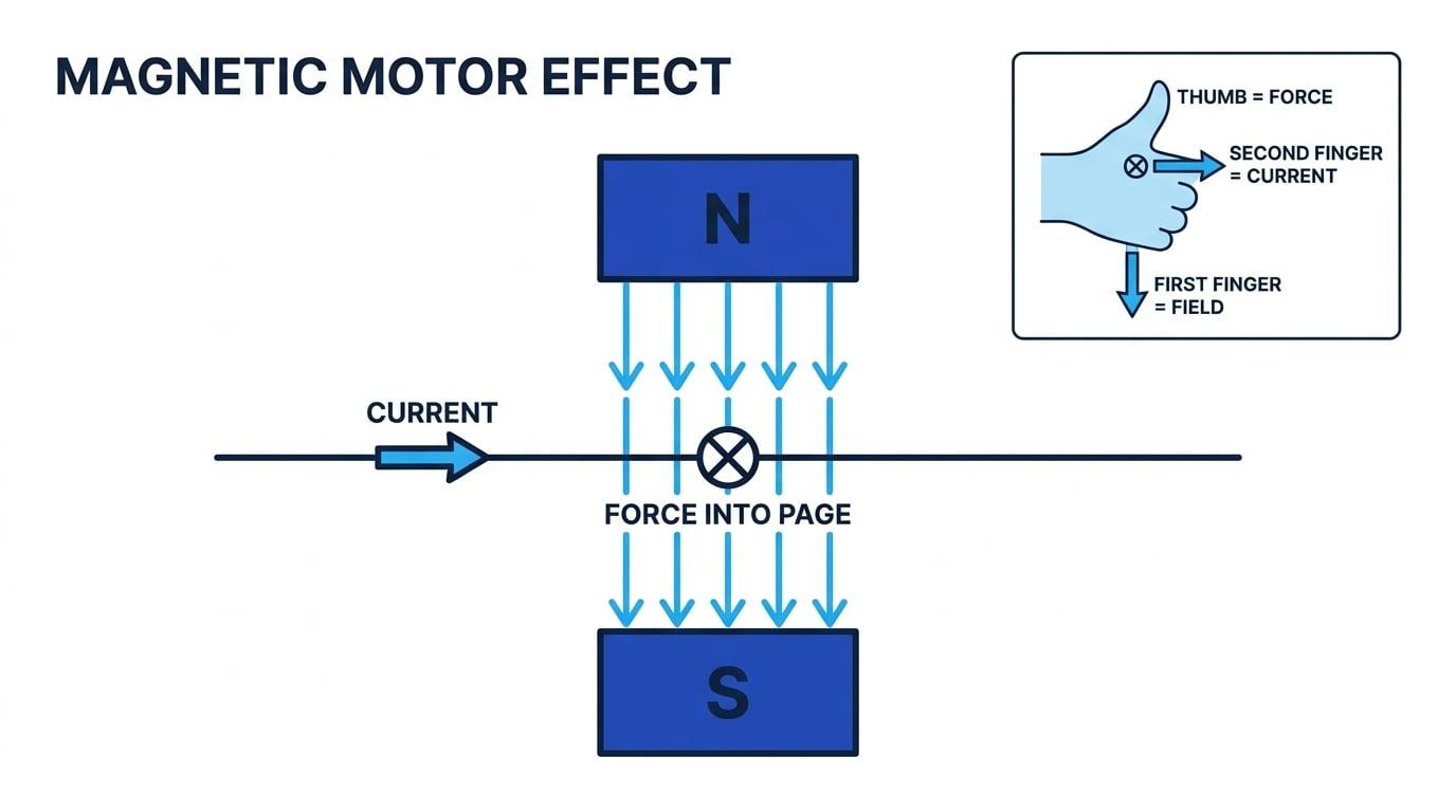 Magnetic motor effect diagram with field downward from a north pole to a south pole, current to the right, force into the page, and an inset showing Fleming's left-hand rule.